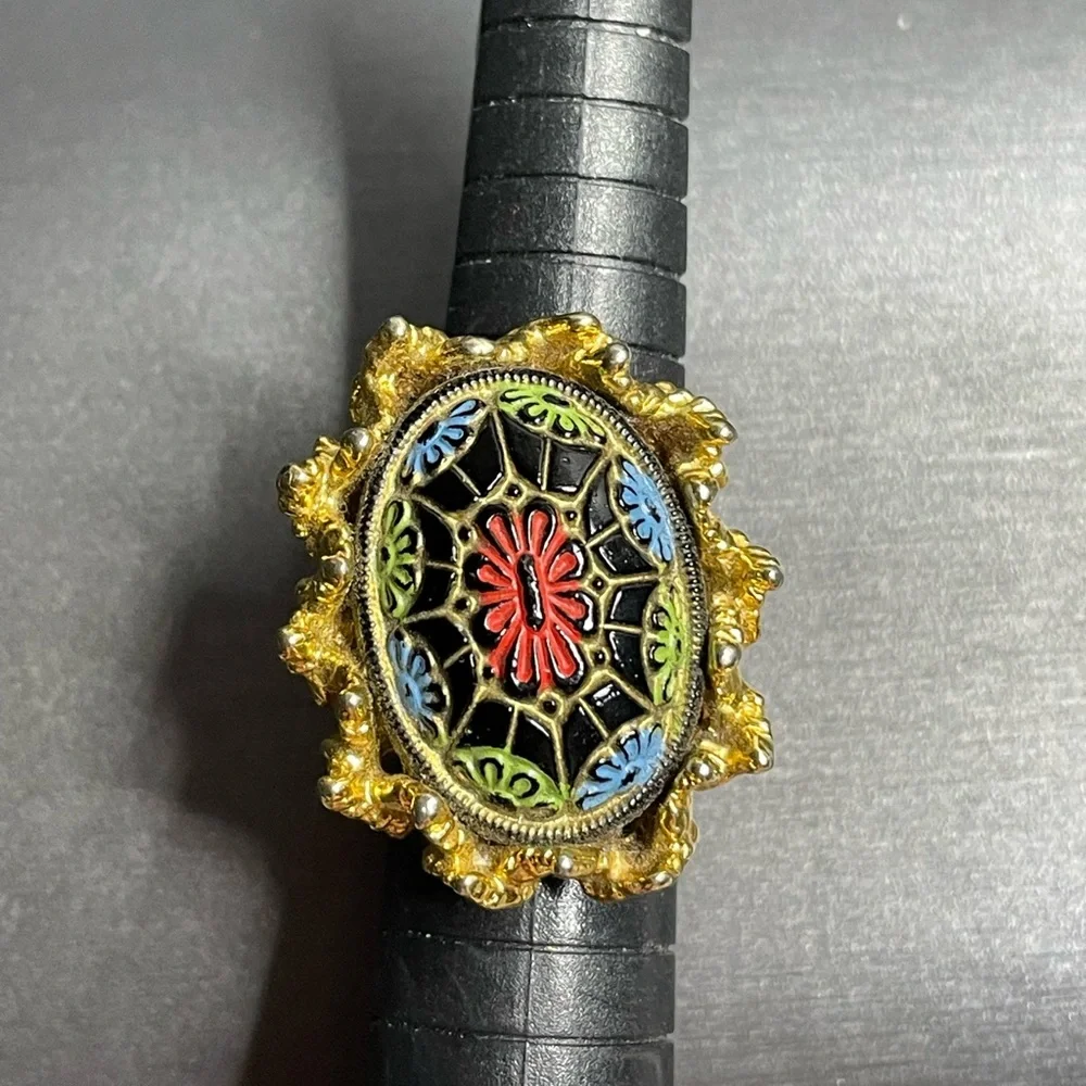 Moroccan Glass Lg Cabochon Gold Tone Leaves Vintage Adjustable Ring Sz 7 - Picture 6 of 12